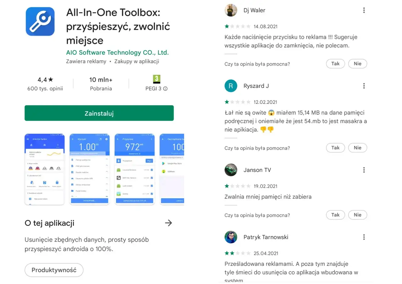 Aplikacja All-In-One Toolbox pomaga jak przyspieszyć tablet, zwalniając miejsce. Zobacz opinie użytkowników.