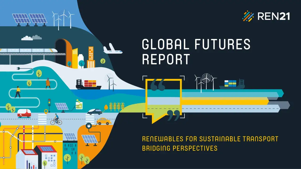 Illustration zeigt erneuerbare Energien f&uuml;r klimaschutz weltweit: Solarpanels, Windr&auml;der, Elektroautos, Z&uuml;ge, Schiffe und Flugzeuge.