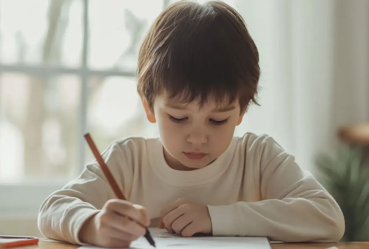 Ni&ntilde;o concentrado escribiendo con l&aacute;piz. Practica dictados cortos en su cuaderno, aprendiendo con esmero.