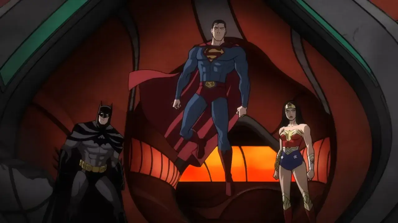 Batman, Superman y Wonder Woman, el tr&iacute;o principal de la liga de la justicia serie, posan listos para la acci&oacute;n en un entorno futurista.