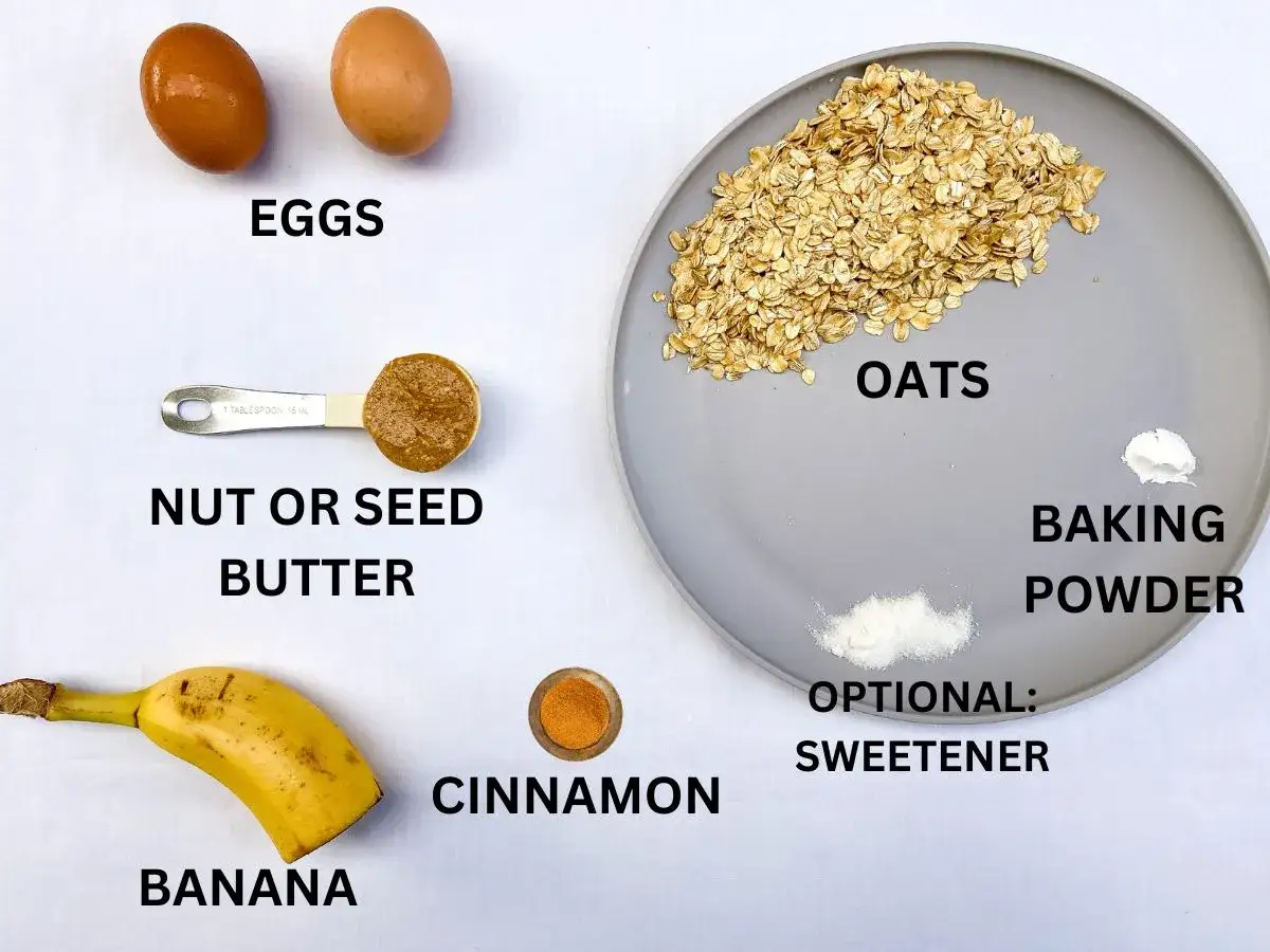 Ingredienser för proteinpannkakor: ägg, havregryn, nötsmör, banan, kanel, bakpulver och valfritt sötningsmedel.