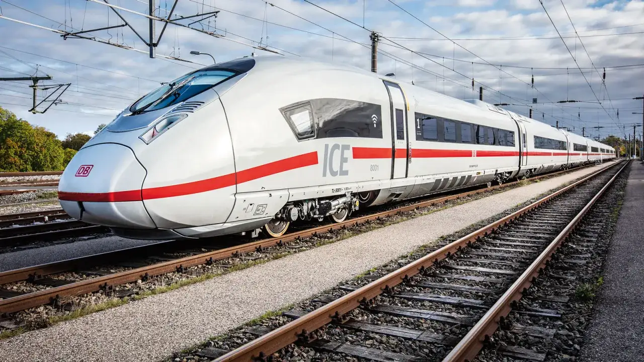 Der ICE 8001, der schnellste Zug Deutschlands, fährt auf Gleisen.
