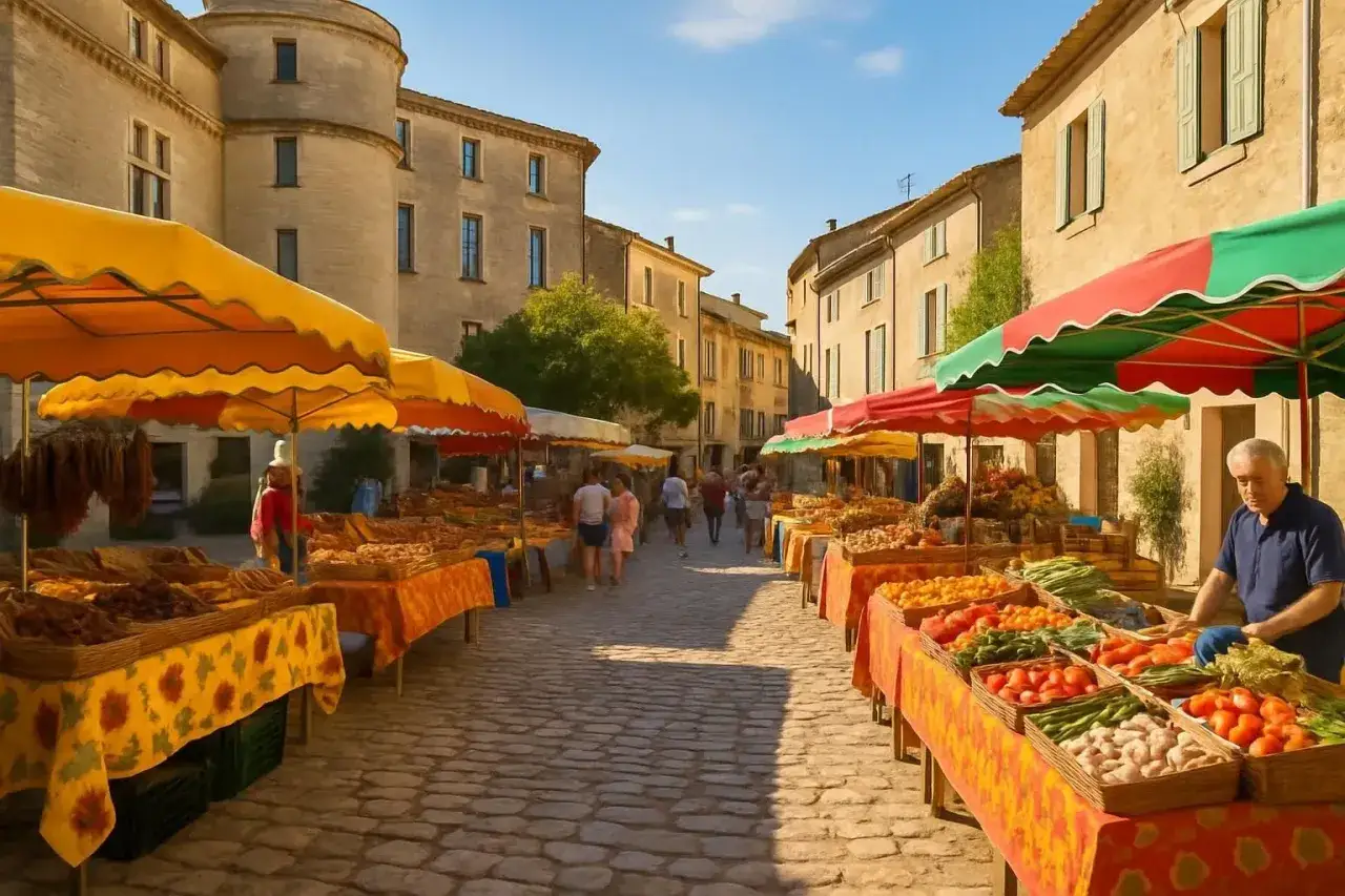 Un march&eacute; anim&eacute; &agrave; Vaucluse, avec des &eacute;tals color&eacute;s de fruits et l&eacute;gumes sous des parasols ensoleill&eacute;s. Des passants fl&acirc;nent sur les pav&eacute;s.