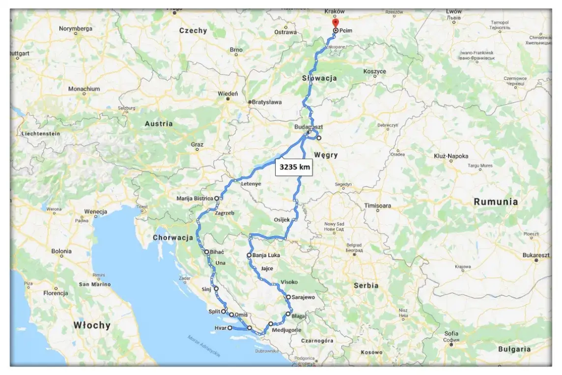Mapa trasy Medjugorje przez Węgry