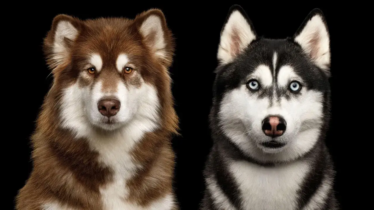 Dwa psy rasy alaskan malamute, jeden rudy, drugi czarno-biały, patrzą w obiektyw na czarnym tle.