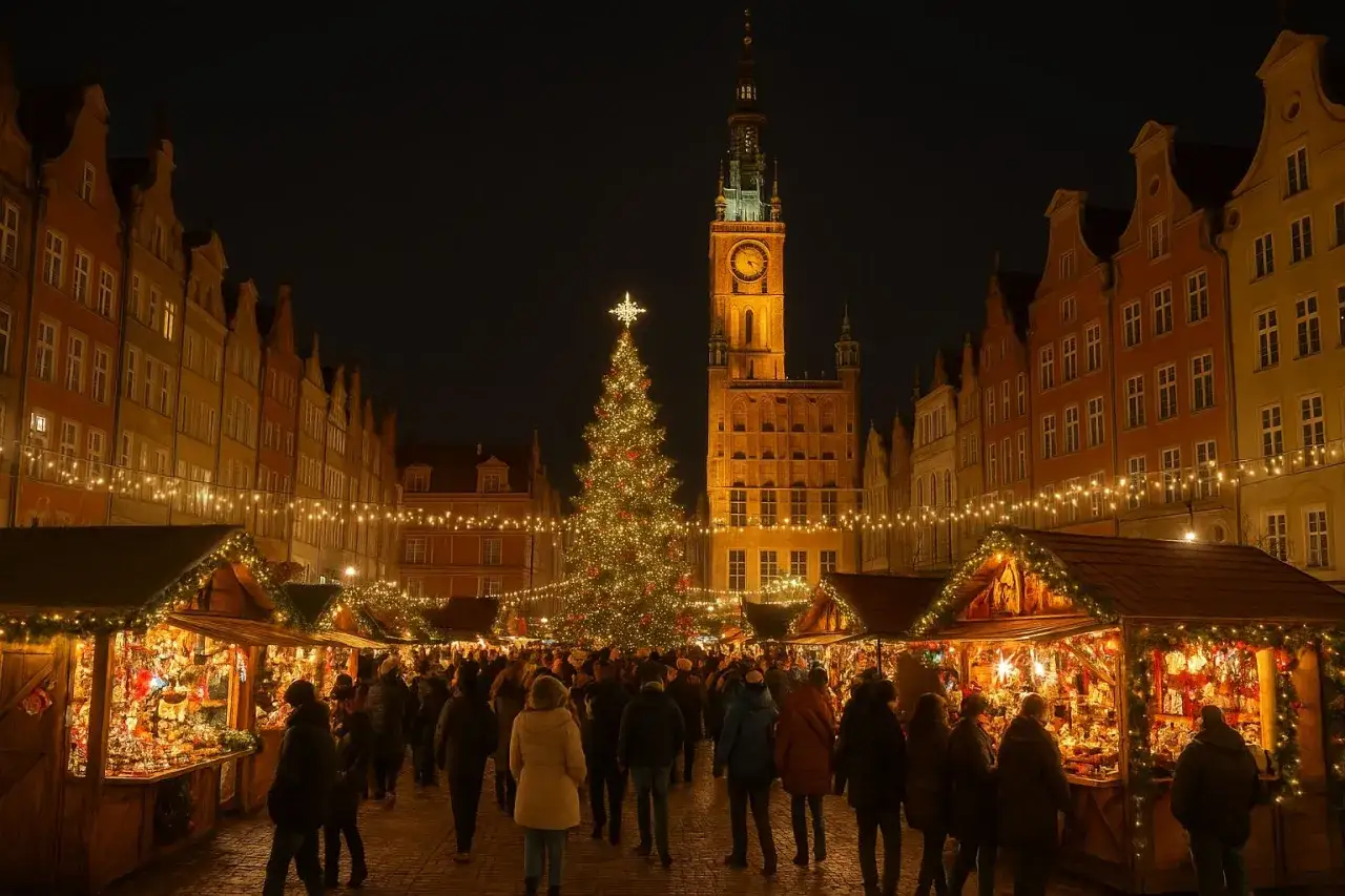 Gdańsk nocą. Jarmark bożonarodzeniowy rozświetla Rynek Główny, a w tle góruje Ratusz.