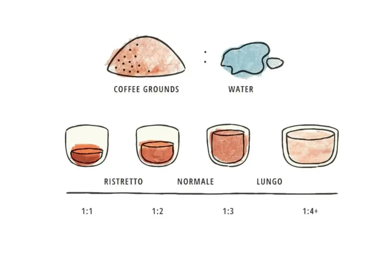 Kaffeezubereitung: Ristretto, Normale und Lungo. Das Lungo bedeutet mehr Wasser für einen milderen Geschmack.