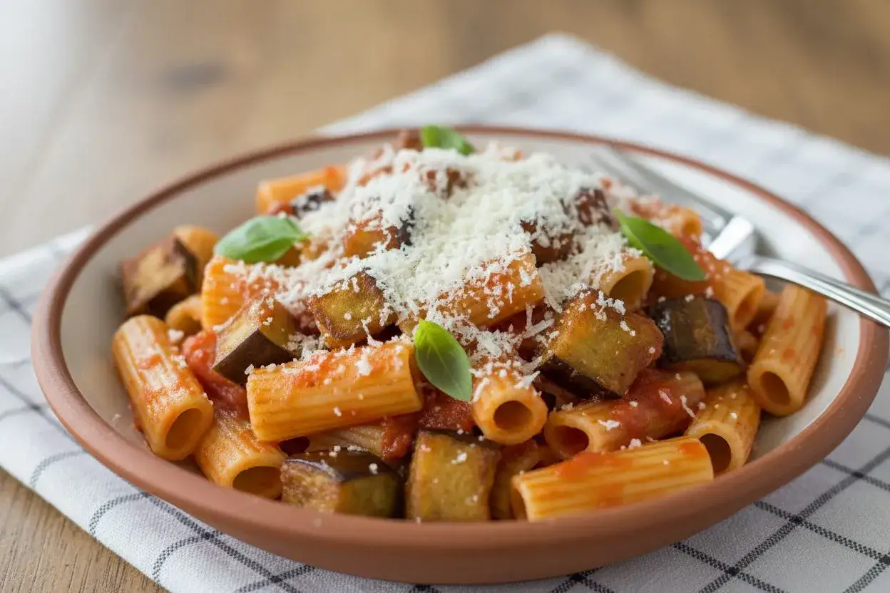 Un plat de p&acirc;tes alla norma, avec des rigatoni, des d&eacute;s d'aubergine frite, une sauce tomate et du parmesan r&acirc;p&eacute;, garni de feuilles de basilic frais.