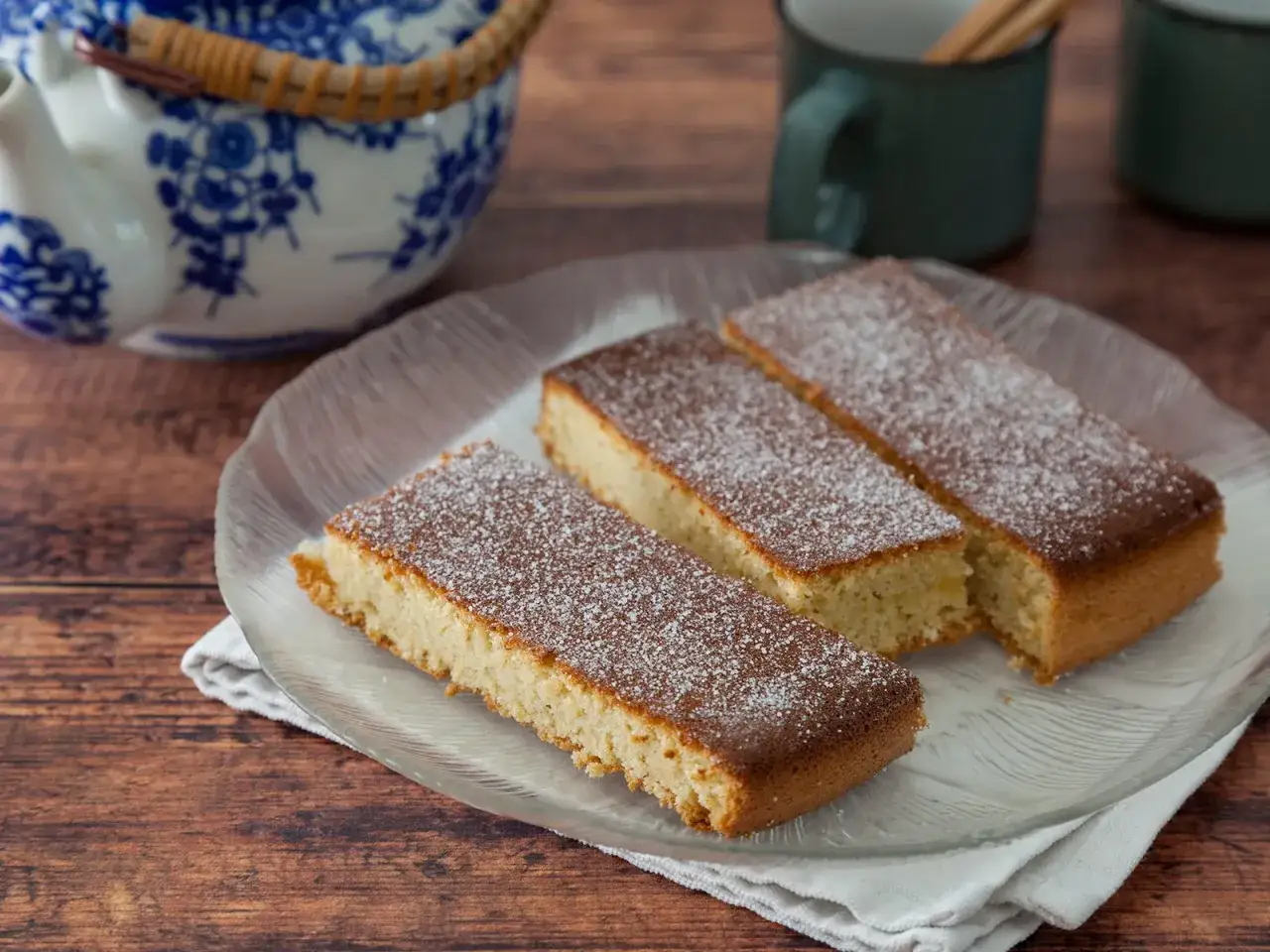 Saftiger **Mandelkuchen vom Blech mit gemahlenen Mandeln**, bestäubt mit Puderzucker. Perfekt zum Kaffee!