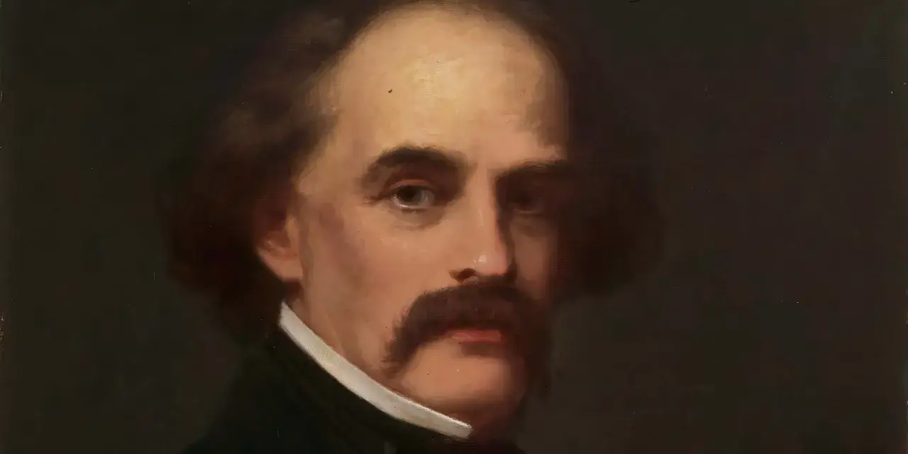 Portret Nathaniel Hawthorne, autora znanych książek, z charakterystycznym wąsem i ciemnym tłem.