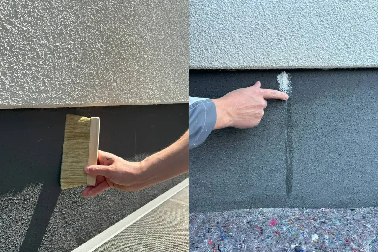 Zwei Bilder zeigen das Streichen des Haussockels. Links wird mit einem Pinsel die dunkle Farbe aufgetragen, rechts wird eine kleine Stelle mit wei&szlig;er Farbe ausgebessert.