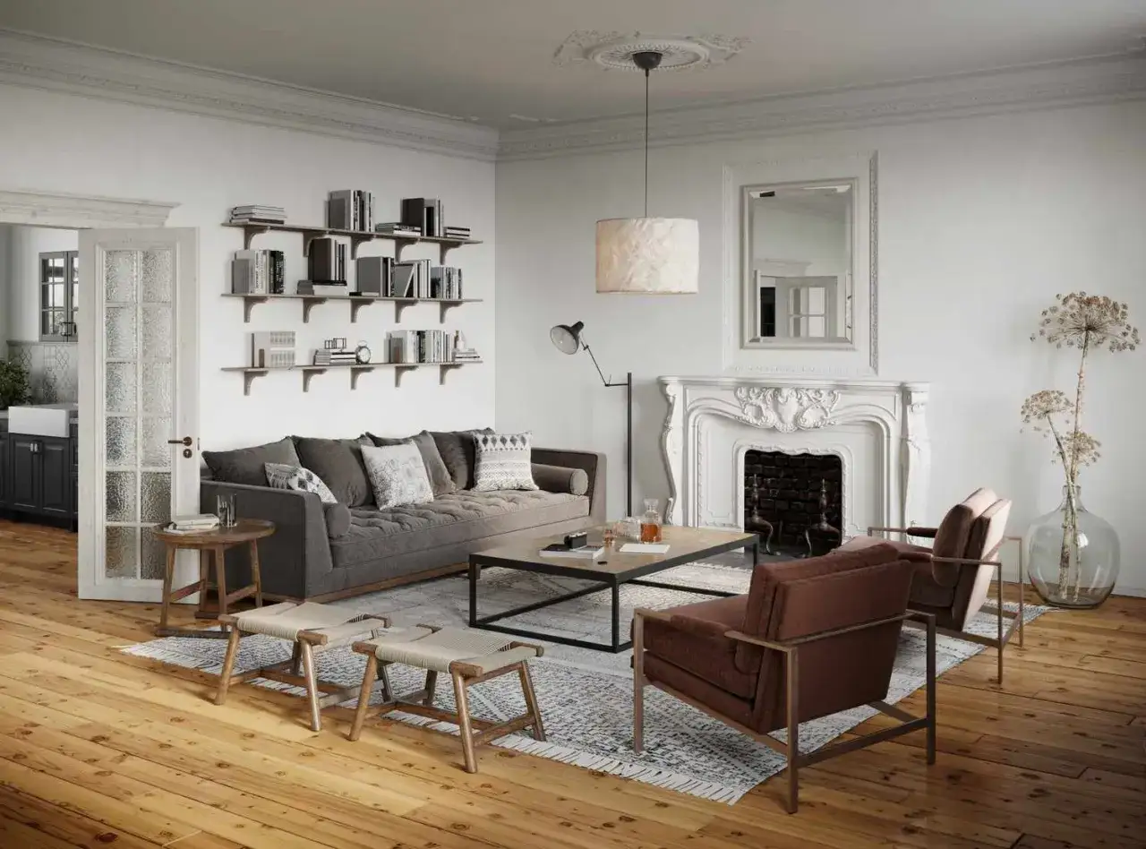 Gemütliches Wohnzimmer mit grauem Sofa, Kamin und einem Teppich, der richtig platziert unter dem Sofa liegt.
