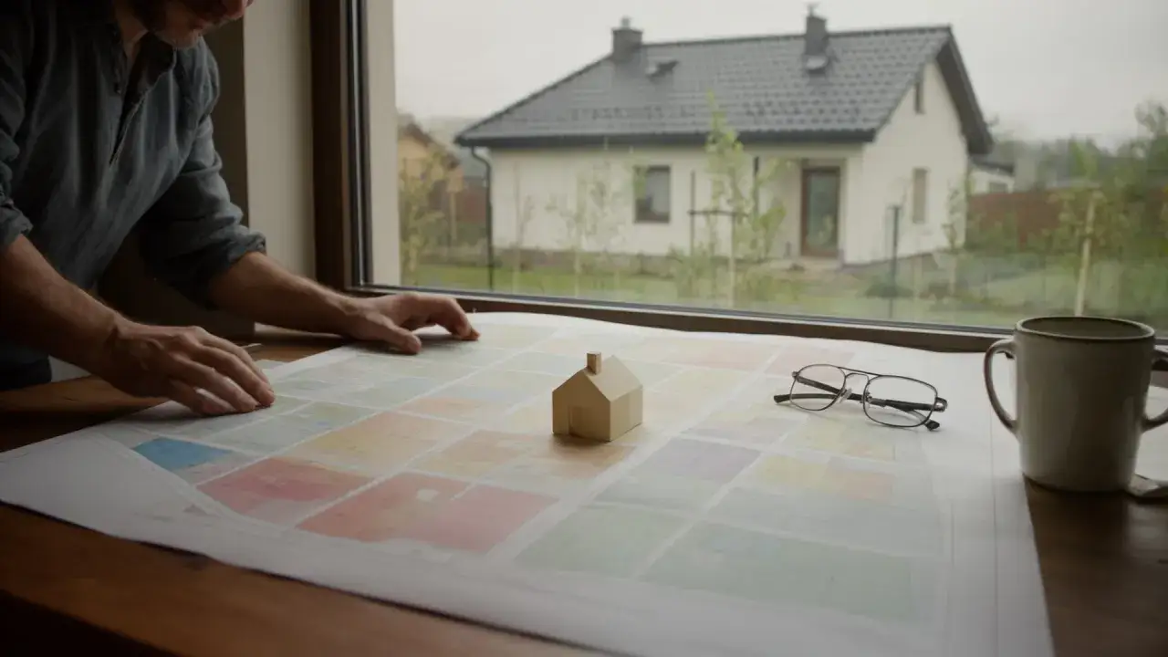 Mężczyzna analizuje mapę działek z modelem domu, planując inwestycję kpa 2025.