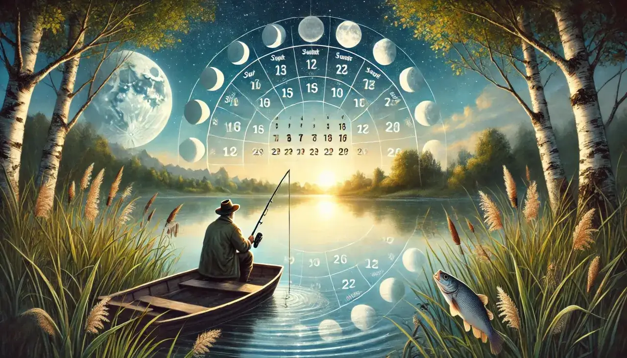 Ein Angler im Boot, der die Mondphasen auf einem Kalender &uuml;ber dem Wasser beobachtet. Der Mondkalender Angeln zeigt die besten Zeiten f&uuml;r den Fang.