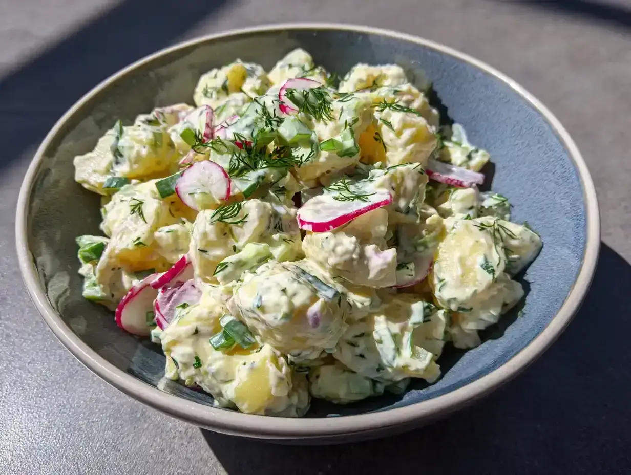 En sk&aring;l med kr&auml;mig potatissallad, toppad med r&auml;disor och dill. Perfekt som tillbeh&ouml;r till grillat, en riktig Ernst potatissallad!