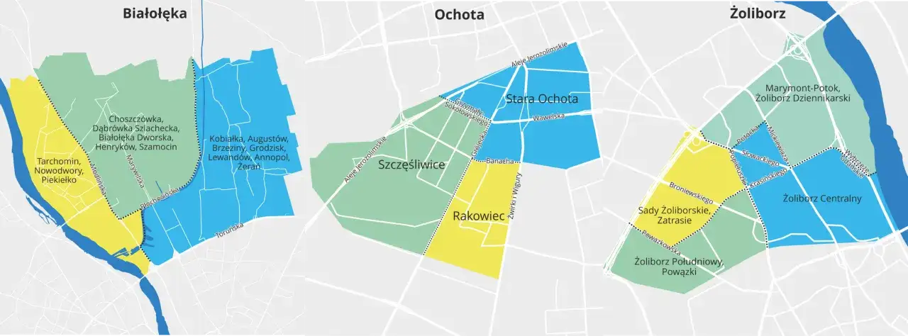 Mapa dzielnic Warszawy z wyr&oacute;żnionymi Wilanowem, Mokotowem, Żoliborzem, Białołęką