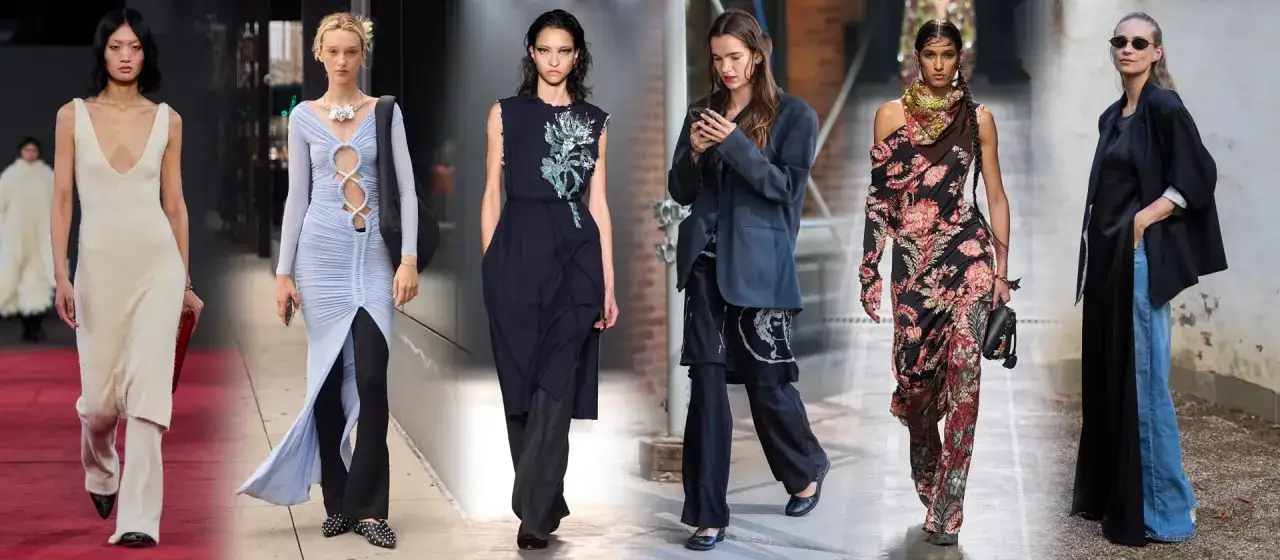 Modelle sfilano con abiti lunghi e eleganti, alcuni indossano pantaloni sotto, creando un look moderno e audace.