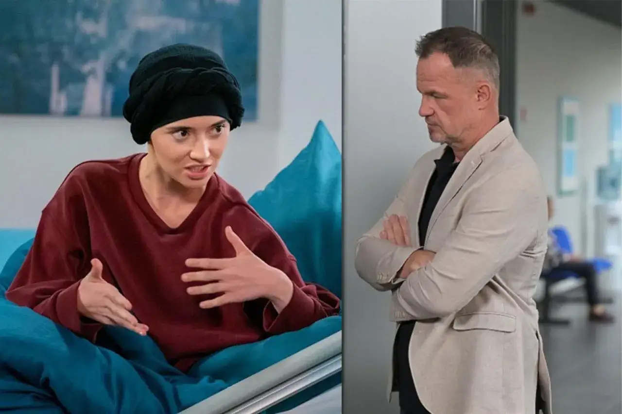 Młoda kobieta w chuście na głowie i mężczyzna w marynarce, fragment sceny z serialu
