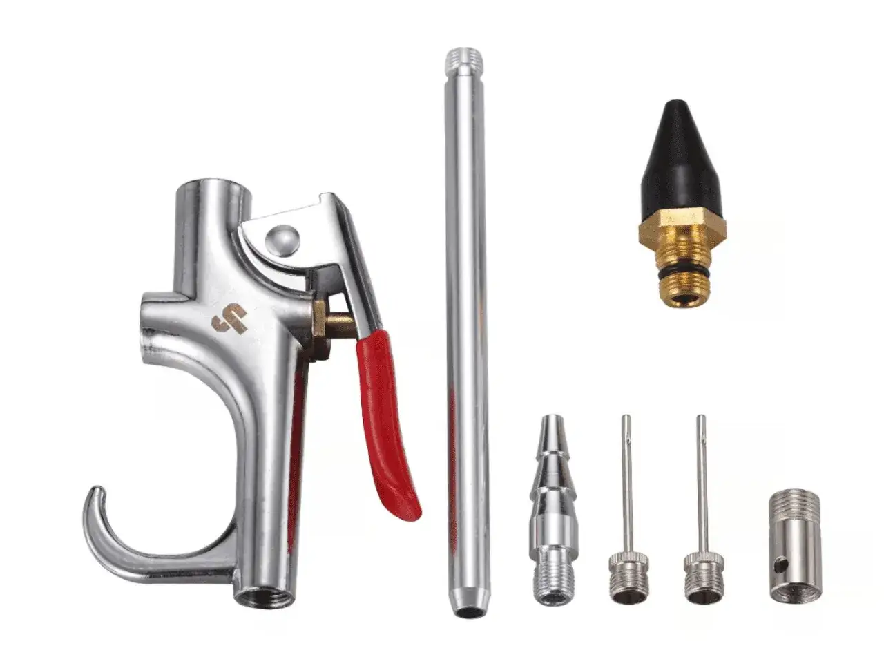 Kit de herramientas para inflar: pistola de aire, tubo, boquilla c&oacute;nica y adaptadores para ayudarte a blow up llantas y balones.