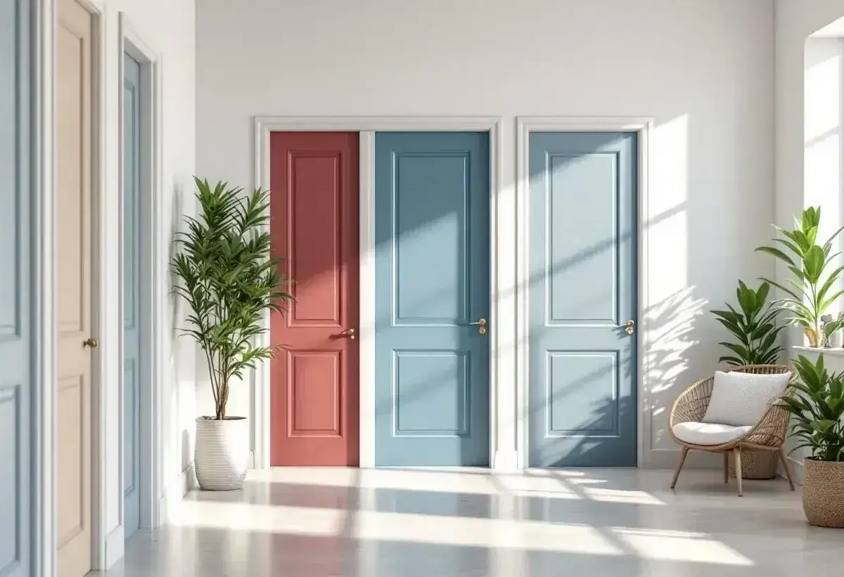 Un couloir lumineux avec plusieurs portes, dont une rouge et deux bleues. L'encadrement de porte couleur diff&eacute;rente cr&eacute;e un contraste saisissant. Des plantes vertes apportent une touche de nature.