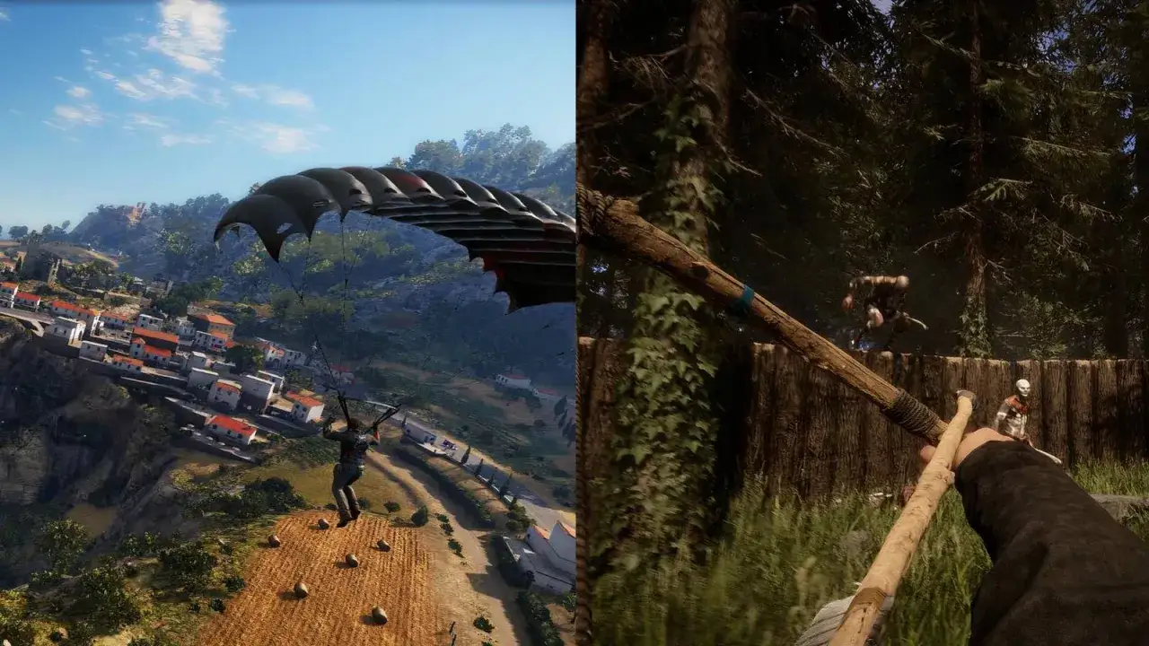Dwie sceny z gier: spadochroniarz nad miasteczkiem i walka z potworami w lesie. Idealne dla fanów gier podobnych do Far Cry.