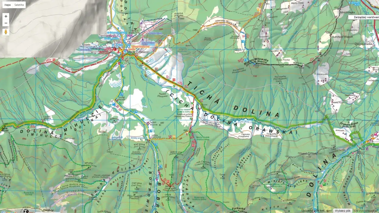 Widok ze szczytu Świnica na Tatry, z zaznaczonymi szlakami i nazwami dolin, w tym Dolina Wierchcicha.