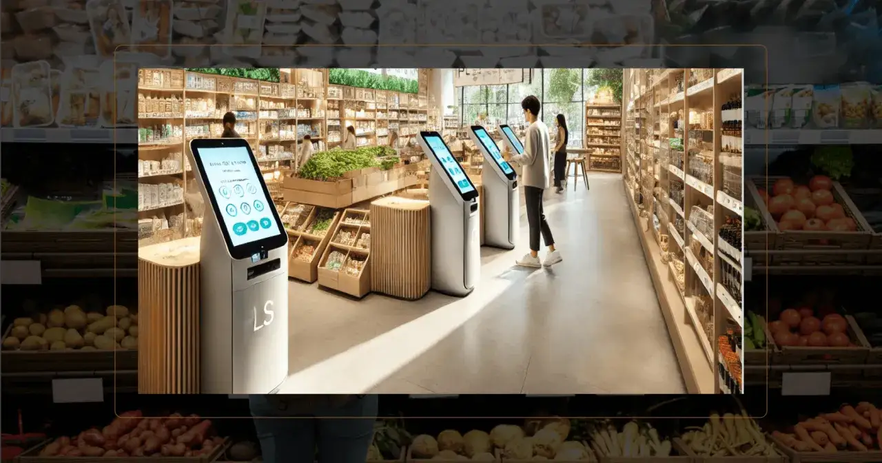 Nowoczesny sklep spożywczy z terminalami samoobsługowymi, gdzie klienci mogą łatwo zarządzać zakupami. Branza retail stawia na technologię.