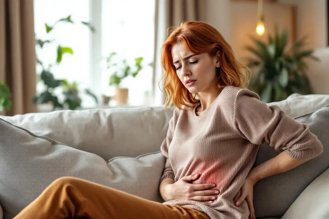 Femme rousse assise sur un canapé, se tenant le ventre douloureux. Elle a l'air d'un vrai chiller, mais pas de plaisir, plutôt de douleur.