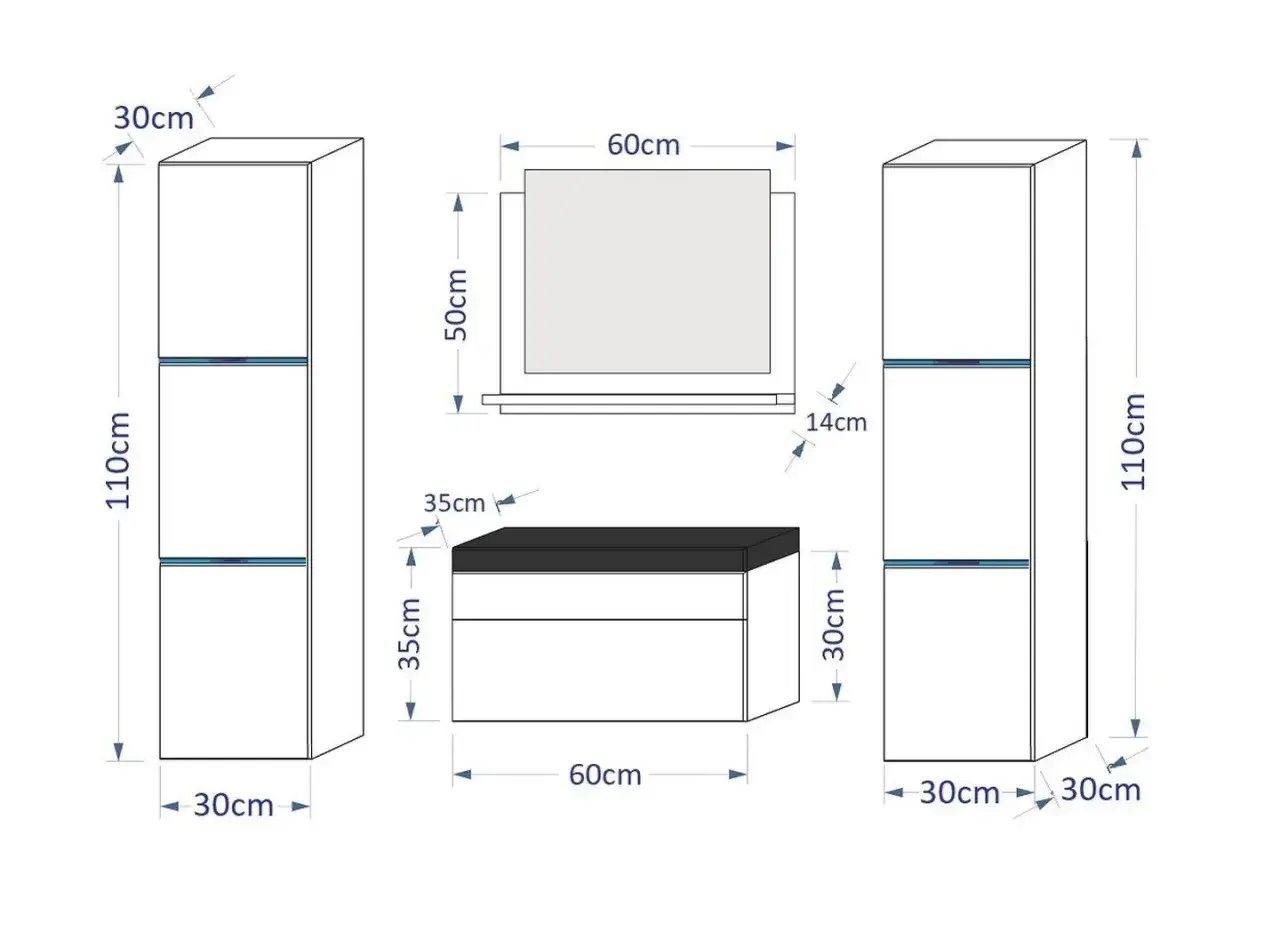 Sch&eacute;ma technique d'un meuble salle de bain : deux colonnes de 110x30cm, un meuble bas de 60x35cm et un miroir de 60x50cm. La profondeur du meuble salle de bain est de 30cm.