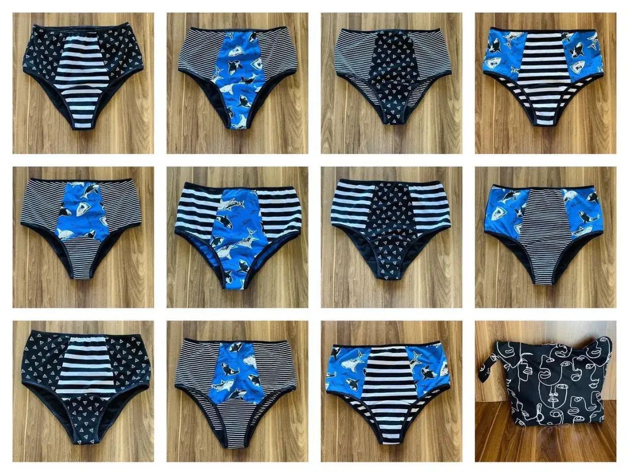 A collection of colorful DIY period underwear featuring whale and stripe patterns, alongside a black pouch with abstract face art.