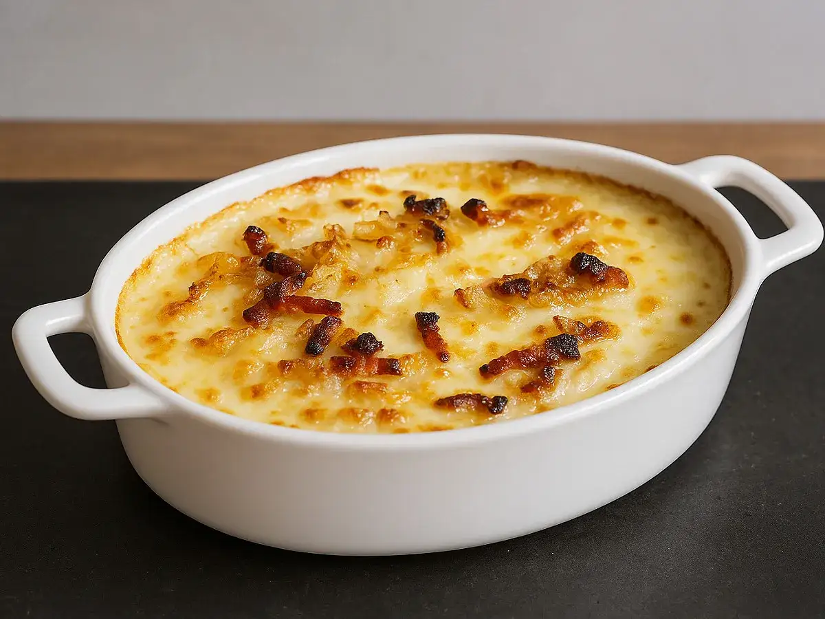 Un gratin de crozet au reblochon, doré et appétissant, sort du four. Des lardons croustillants parsèment ce plat savoyard.