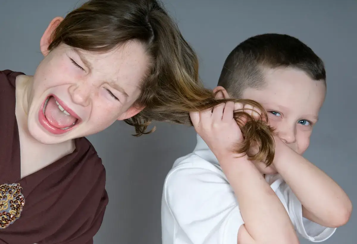 Zwei Kinder streiten sich, ein Junge zieht dem anderen die Haare. Typische **Eifersucht unter Geschwistern**.