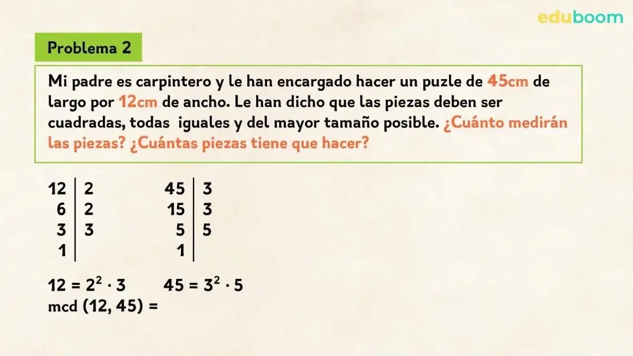 Problema 2: Un carpintero debe hacer un puzle de 45cm x 12cm con piezas cuadradas del mayor tamaño posible. Se calculan los factores primos de 12 y 45 para hallar el máximo común divisor.