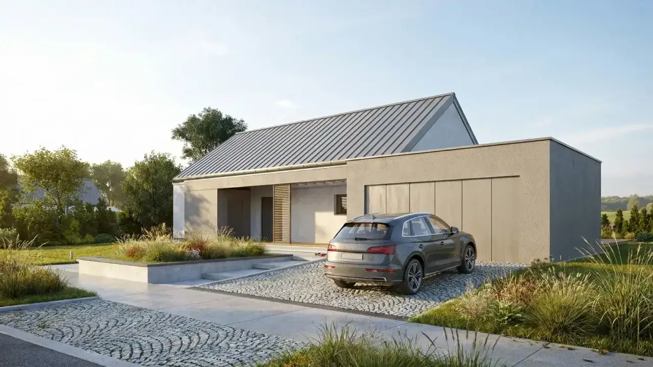 Nowoczesny dom pasywny projekt z garażem, szarym dachem i SUV-em na podjeździe z kostki.