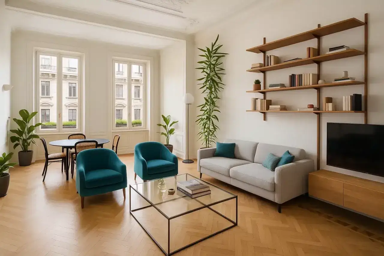 Soggiorno luminoso con divano grigio, poltrone turchesi, tavolino in vetro, libreria e parquet. Ideale per un immobile di categoria catastale A1.