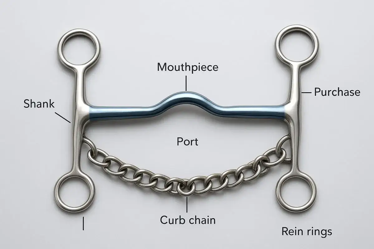 Metalowy pelham z niebieskim ustnikiem, łańcuszkiem i oznaczeniami części: shank, mouthpiece, port, curb chain, purchase, rein rings.