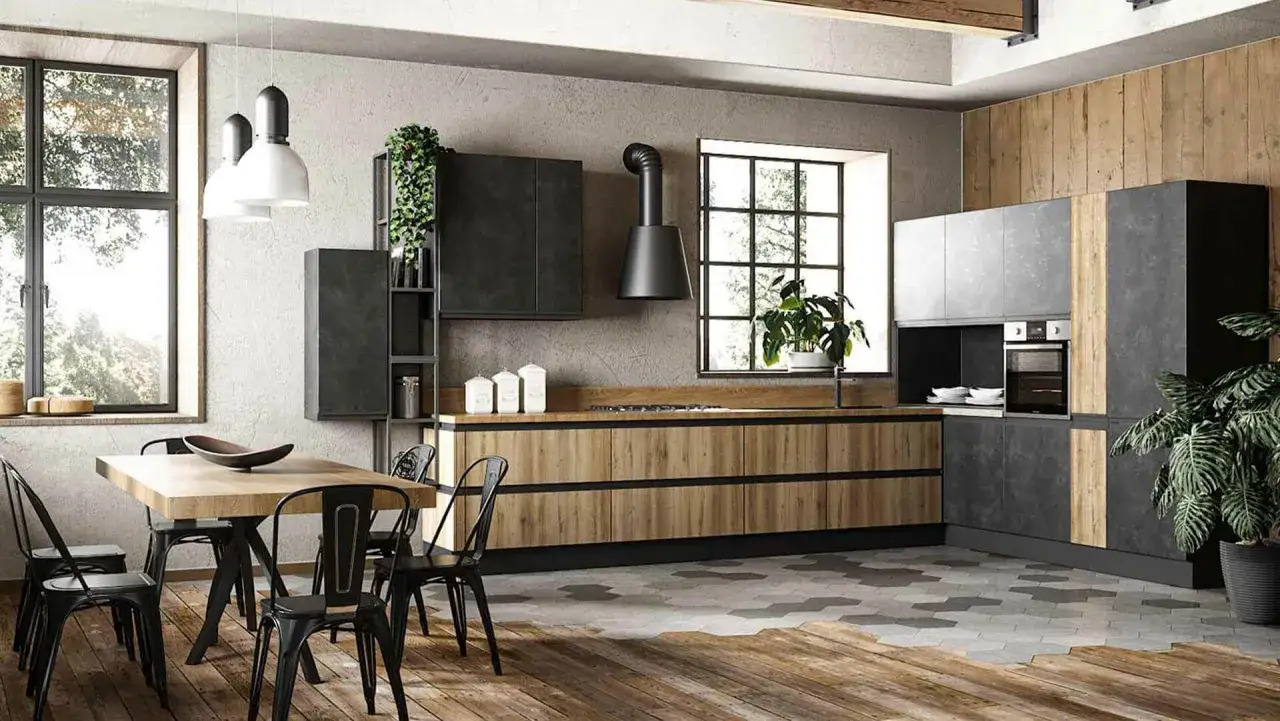 Cucina stile industrial con mobili in legno e metallo, tavolo da pranzo e sedie nere.