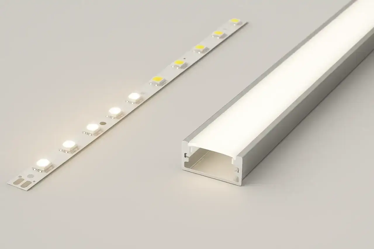 Aluminiowy profil z mleczną osłoną i taśma LED, gotowe do montażu jako listwa LED pod sufitem.