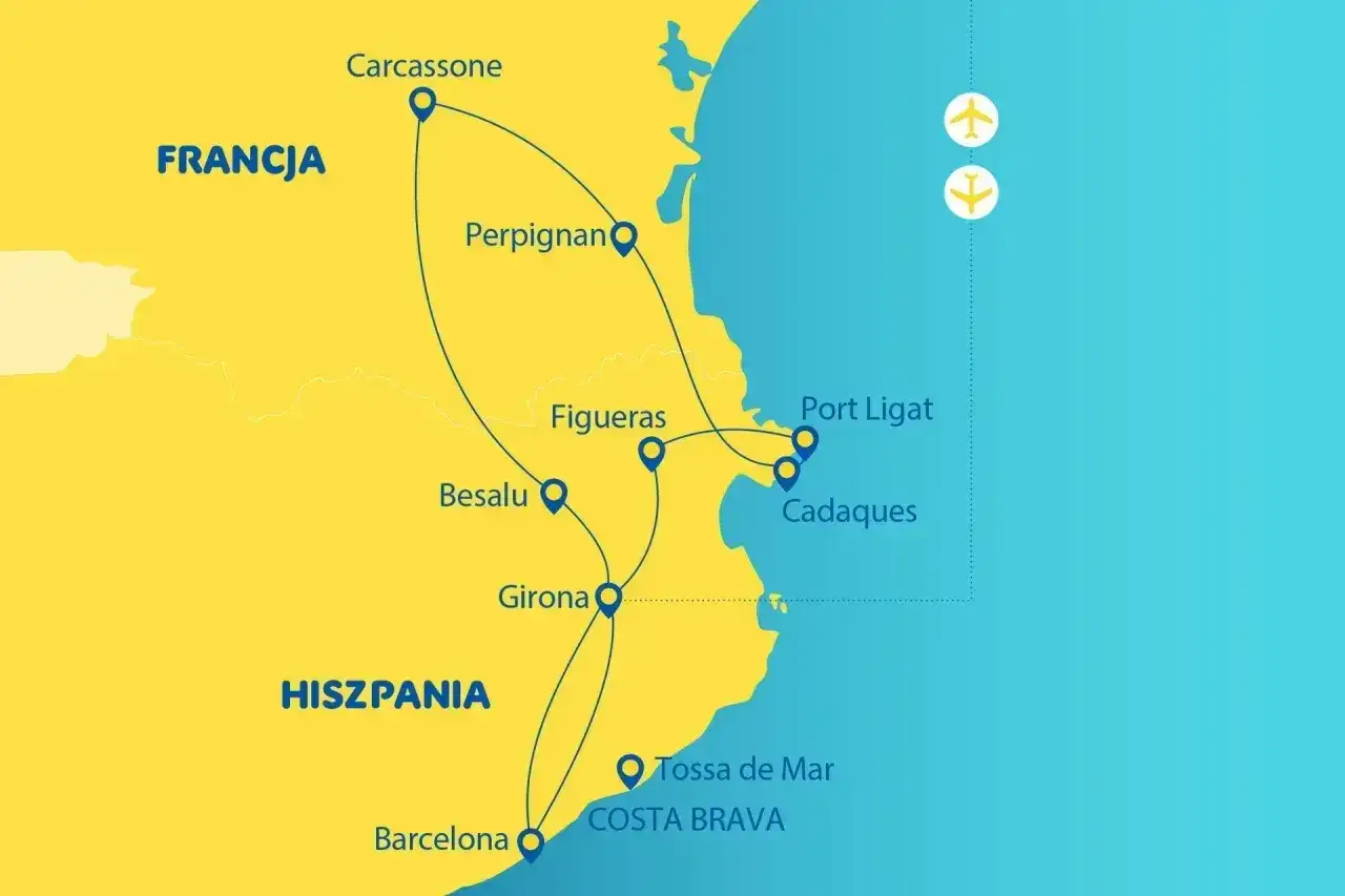 Mapa trasy turystycznej przez południową Francję i Hiszpanię, z zaznaczonymi miastami i wybrzeżem Morza Śródziemnego.