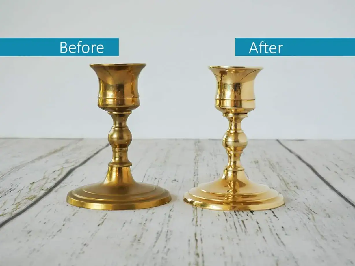 Before and after comparison of a tarnished brass candlestick, demonstrating how to polish brass for a brilliant shine.