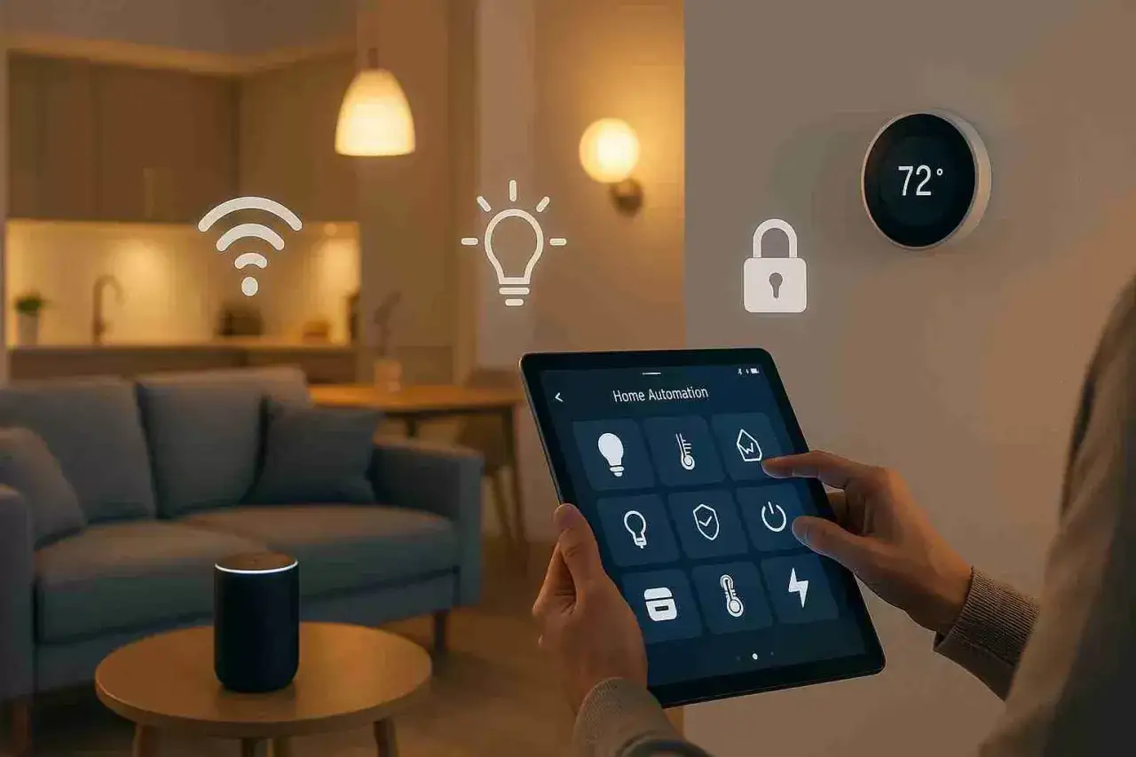 Control de luces, temperatura y seguridad en una casa domotizada desde una tablet.