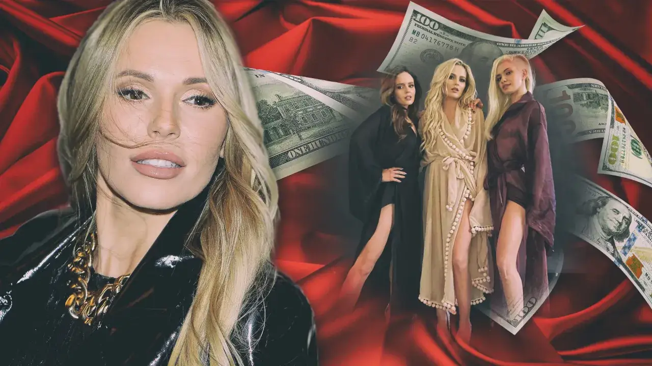 Kobieta w czarnej kurtce i trzy kobiety w szatach na tle czerwonego jedwabiu i banknotów. Chce dodać filmy.