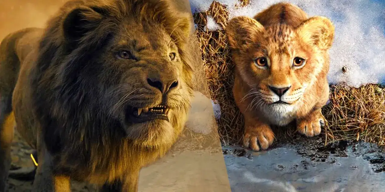 Król Lew live action: groźny dorosły lew i mały, ciekawy lew w śnieżnym otoczeniu.
