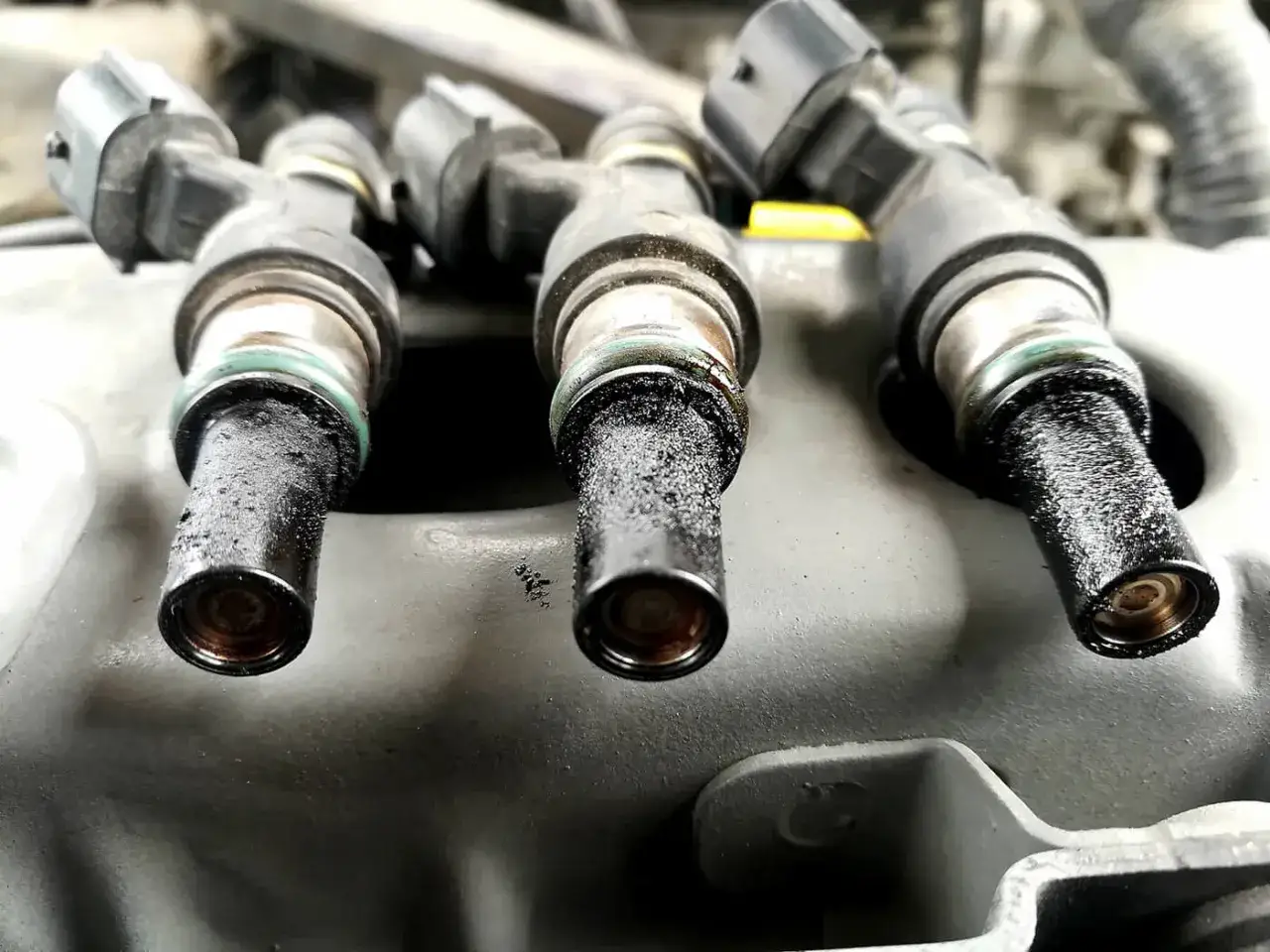 Uszkodzony wtryskiwacz objawy diesel: brudne końcówki wtryskiwaczy, osad węglowy.