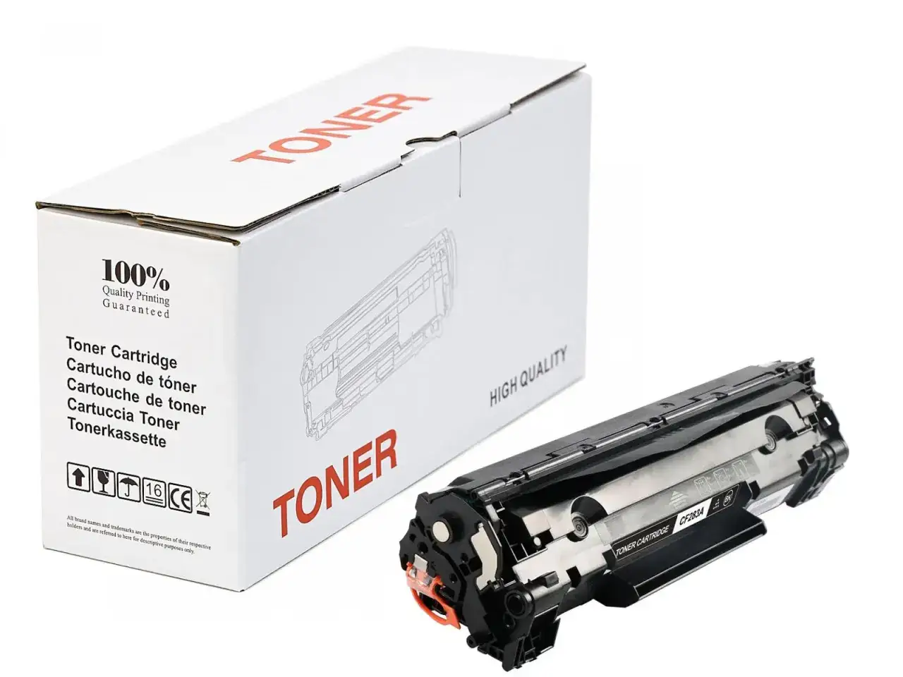 Nowy toner m125a w opakowaniu, gwarancja 100% jakości druku. Obok kartridż z pomarańczową osłonką.