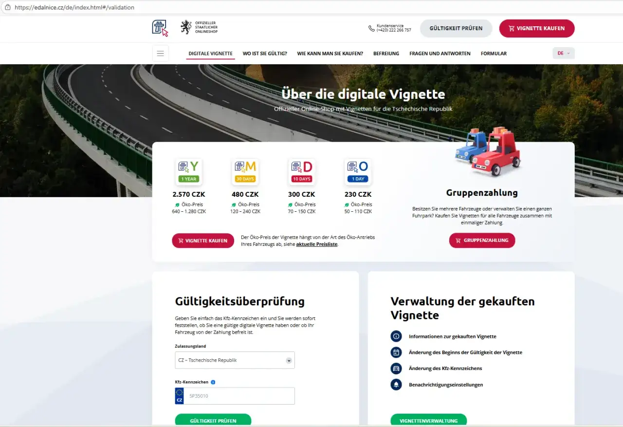 Digitale Vignette für Reisen nach Tschechien kaufen. Verschiedene Gültigkeitsdauern und Preise verfügbar. Online-Shop für Vignetten.