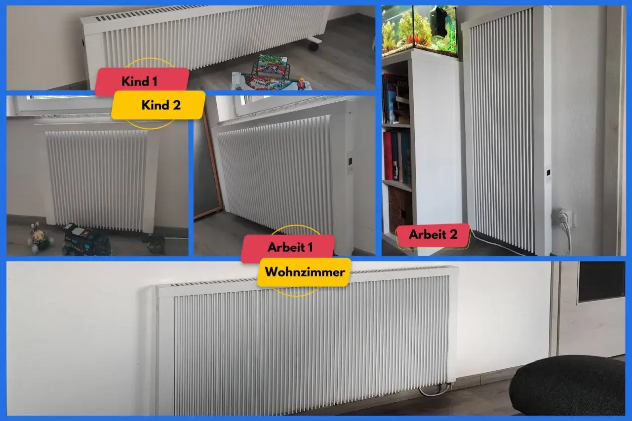 Mehrere wei&szlig;e, effiziente Elektroheizungen in verschiedenen R&auml;umen, darunter ein Wohnzimmer mit Spielzeug und ein Arbeitszimmer mit B&uuml;cherregal.