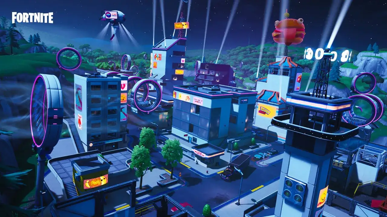 Nocne miasto w grze Fortnite, z neonowymi pierścieniami i latającym burgerem. To właśnie tak wyglądał **sezon 9 Fortnite**!