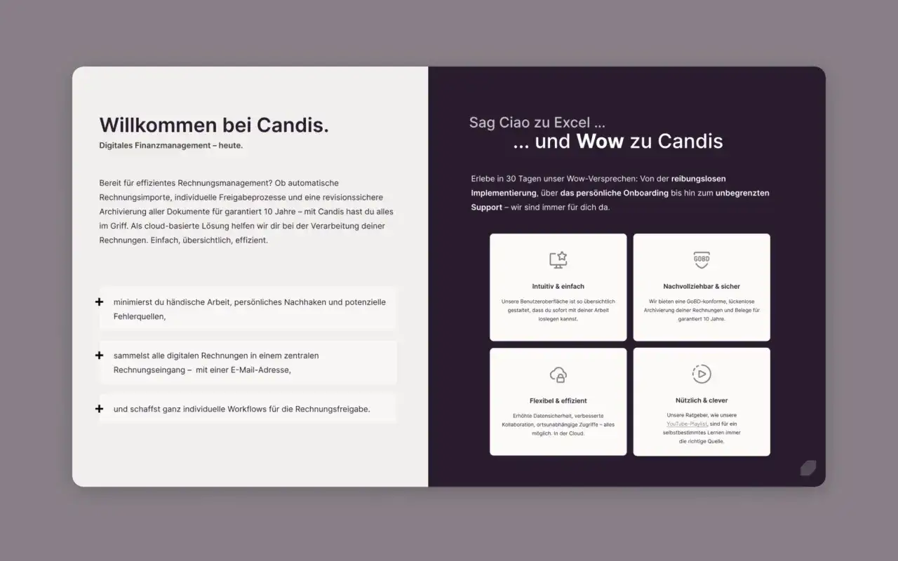 Candis bietet intuitive, revisionssichere E-Mail-Archivierung f&uuml;r 10 Jahre. Effizientes Rechnungsmanagement mit Cloud-L&ouml;sung.