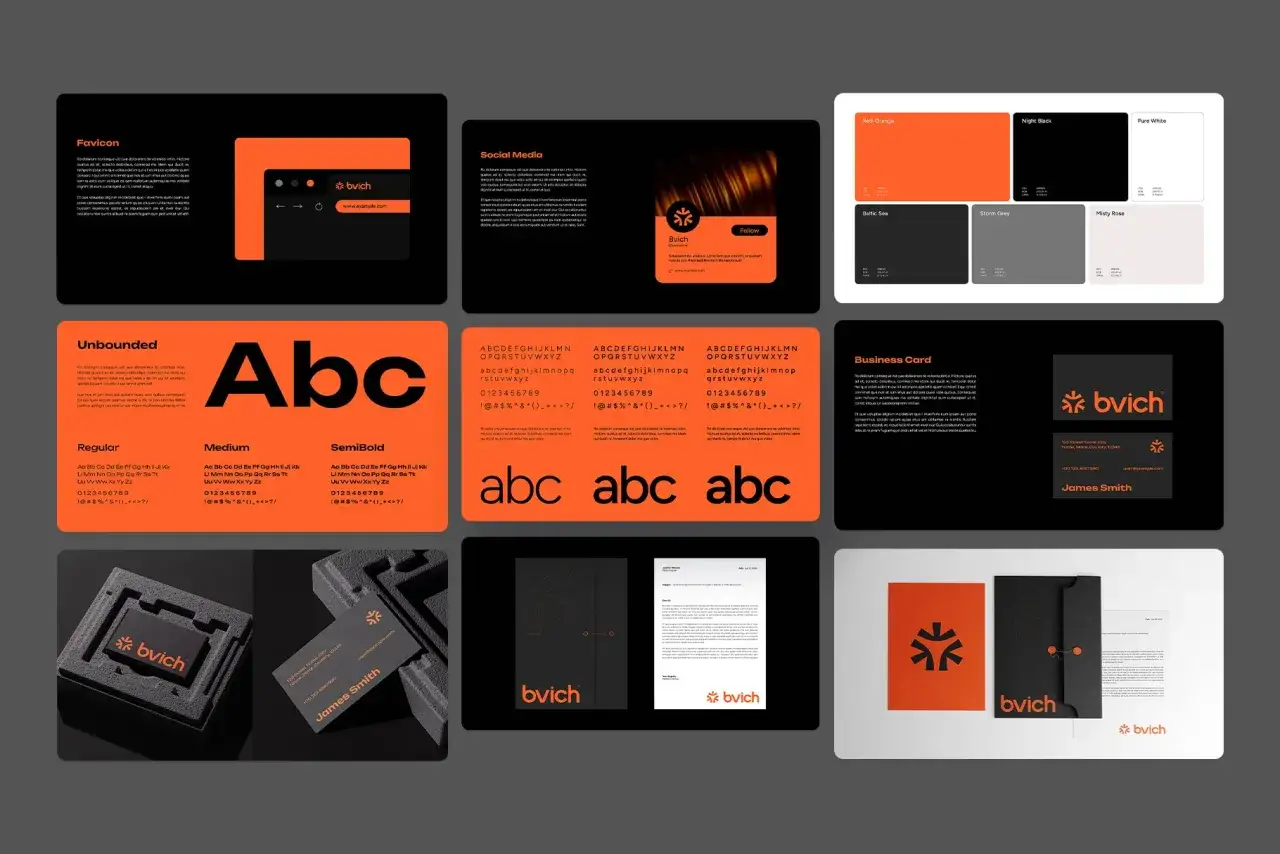 Kolor pomarańczowy i czarny symbolizują energię i elegancję w projekcie marki. Widzimy tu logo, typografię i materiały brandingowe.